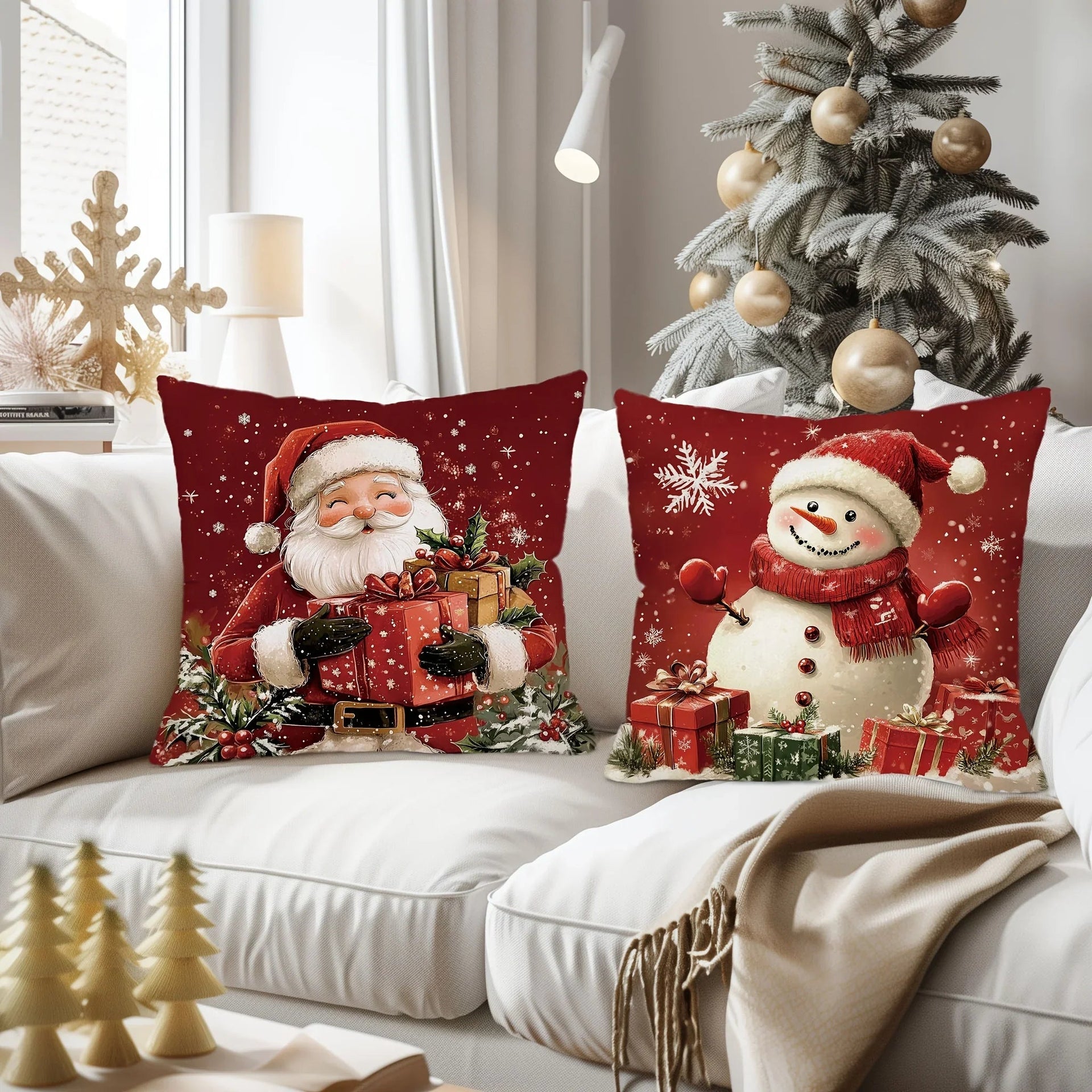 Cotton Throw Pillow Covers, Zipper Closure, 45.72x45.72 cm, Retro Christmas Designs