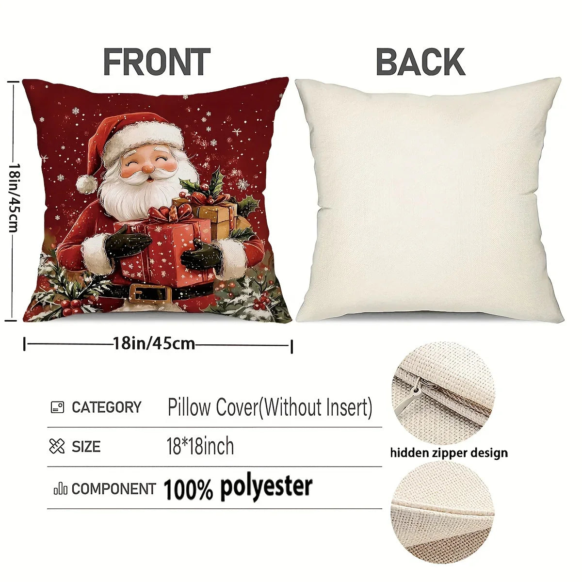 Cotton Throw Pillow Covers, Zipper Closure, 45.72x45.72 cm, Retro Christmas Designs