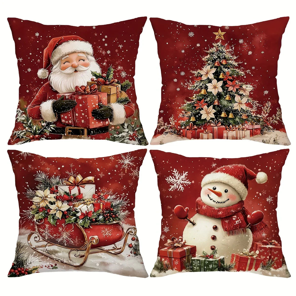 Cotton Throw Pillow Covers, Zipper Closure, 45.72x45.72 cm, Retro Christmas Designs