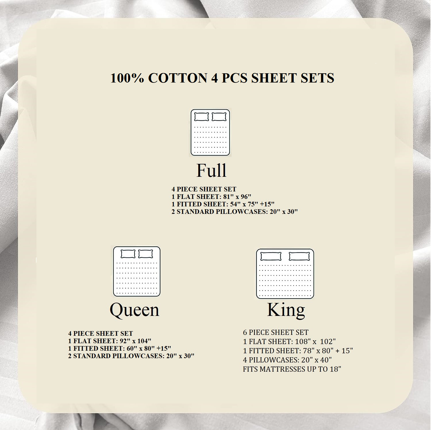 4-Piece 100% Cotton Solid Sheet Set – 300 Thread Count, Luxury Extra Soft