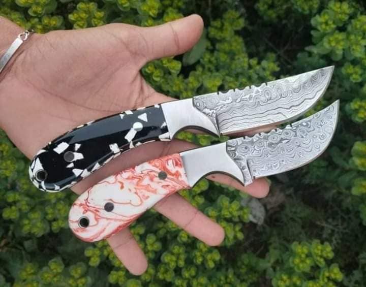 Cowboy Bull Cutter Knife with Damascus Steel Blade and Leather Sheath