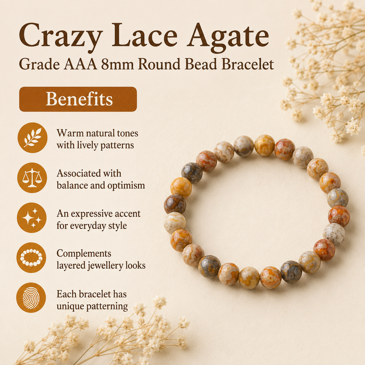 Crazy Lace Agate Bracelet | Orange Agate Bracelet (Purification and Chakra Cleansing)