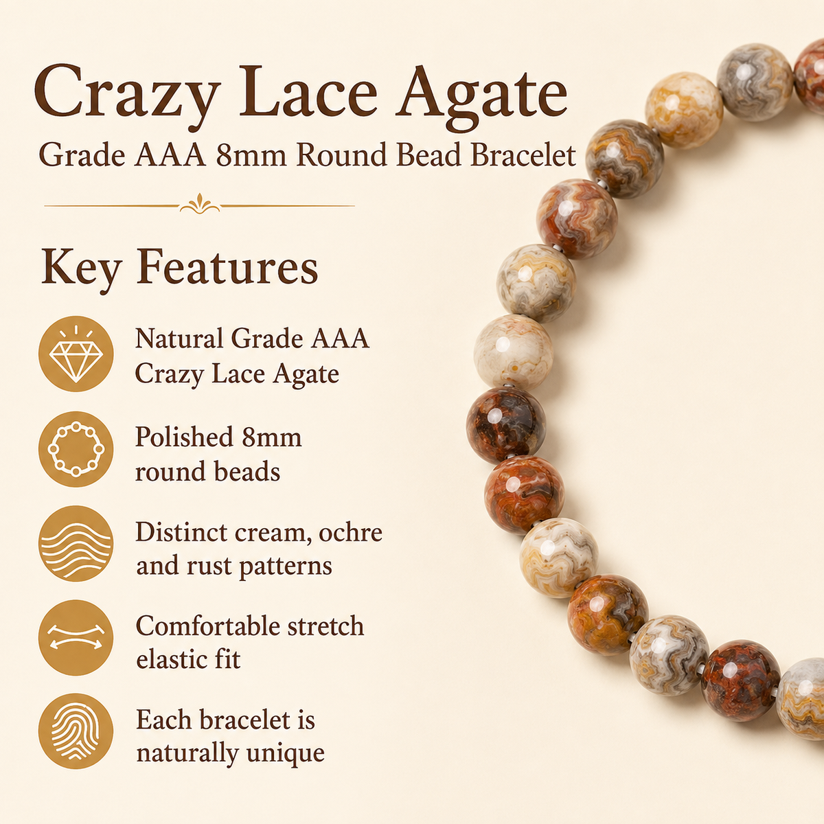 Crazy Lace Agate Bracelet | Orange Agate Bracelet (Purification and Chakra Cleansing)