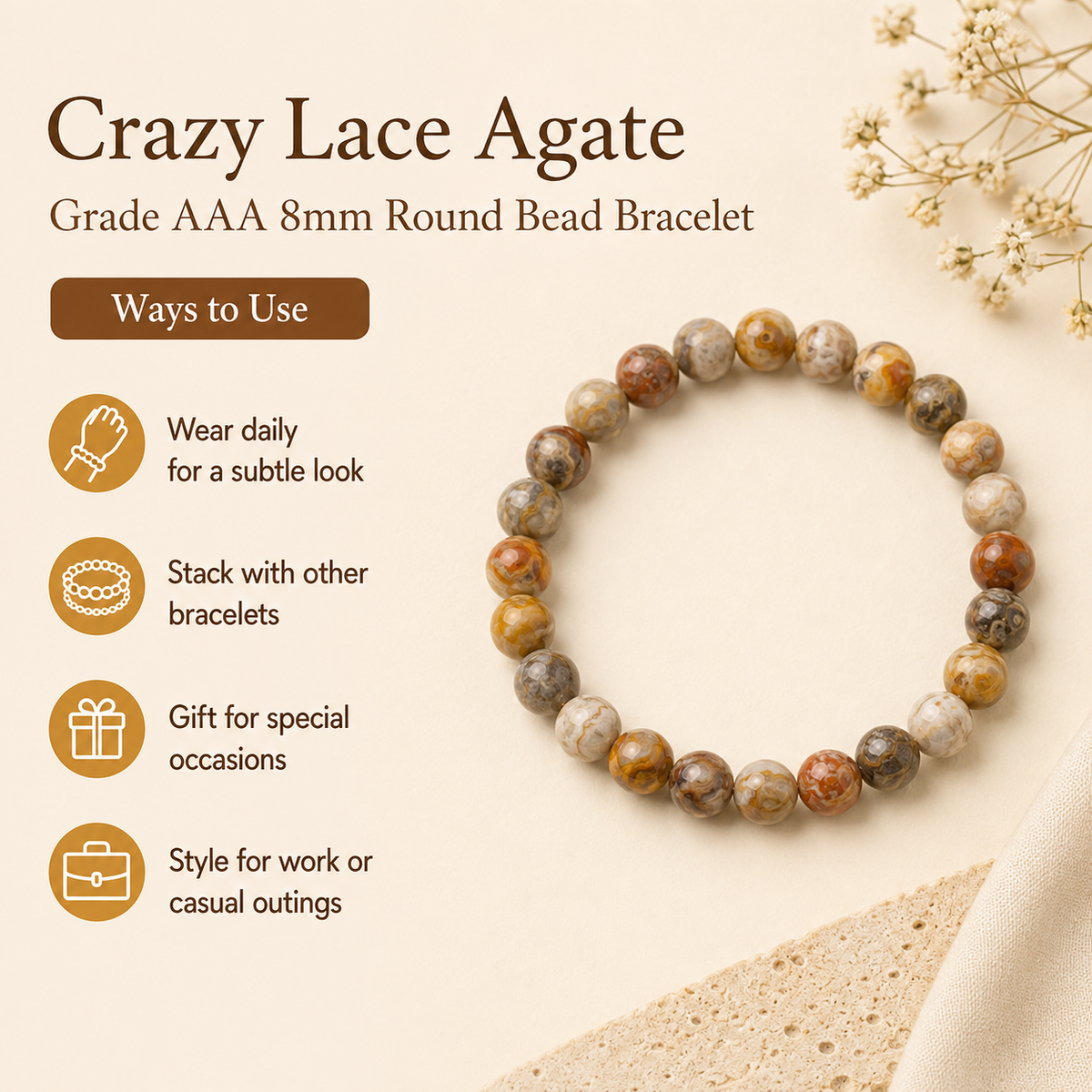 Crazy Lace Agate Bracelet | Orange Agate Bracelet (Purification and Chakra Cleansing)