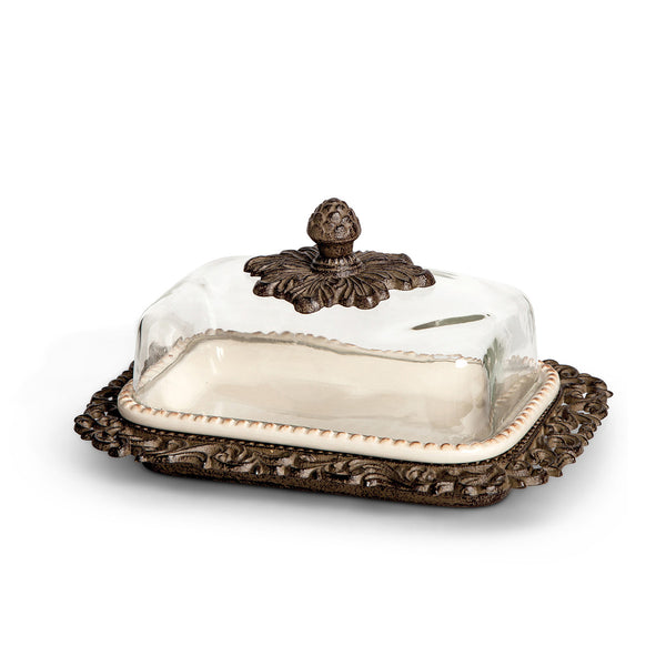 Cream Stoneware Butter Dish or Tidbit Server with Metal Acanthus Leaf Tray and Glass Dome