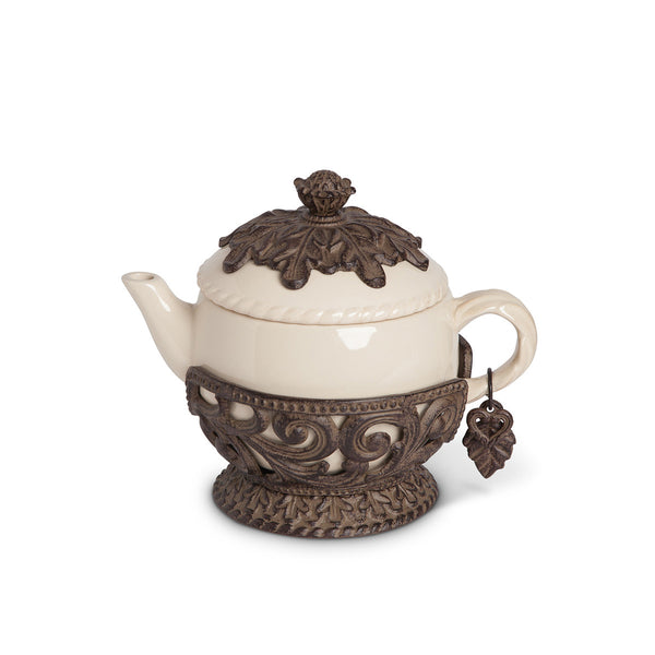Cream Stoneware Teapot with Metal Acanthus Leaf Holder