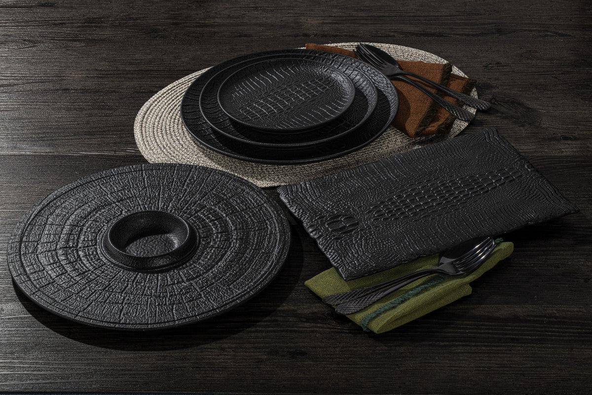 Black Porcelain Slate look Round Plate / Platter With Rustic Texture 13