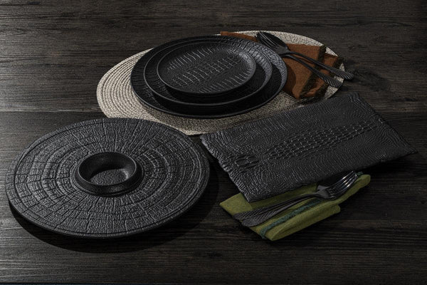 Black Porcelain Slate look Round Plate / Platter With Rustic Texture 13