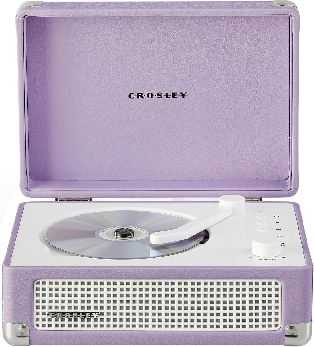 Purple Crosley record player with a white interior on a white background