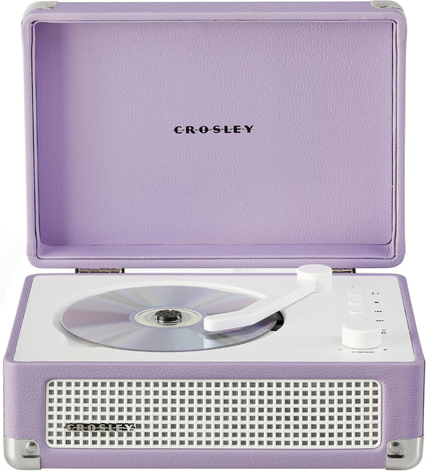 Purple Crosley record player with a white interior on a white background