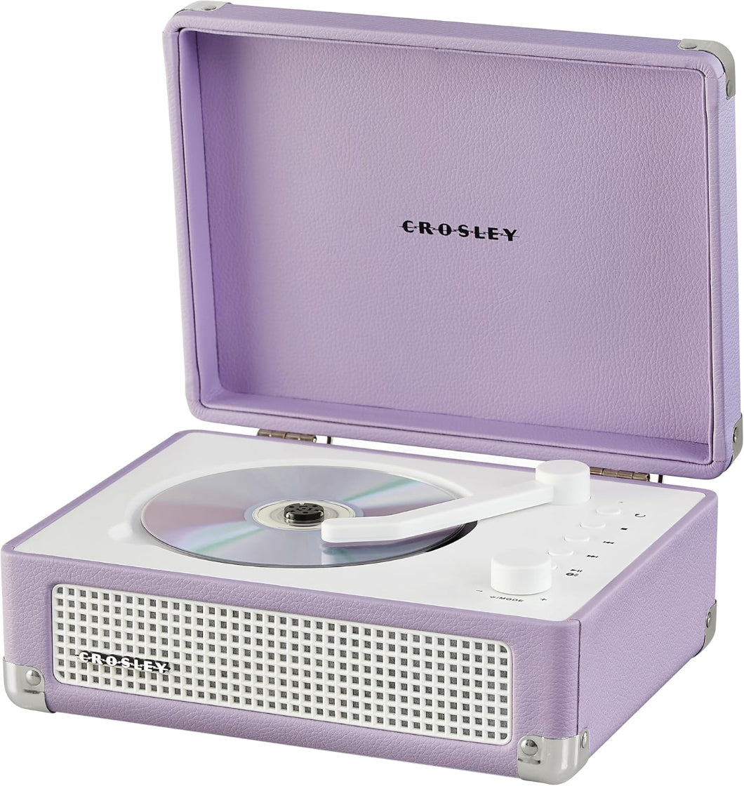 Purple Crosley record player with open lid showing CD player