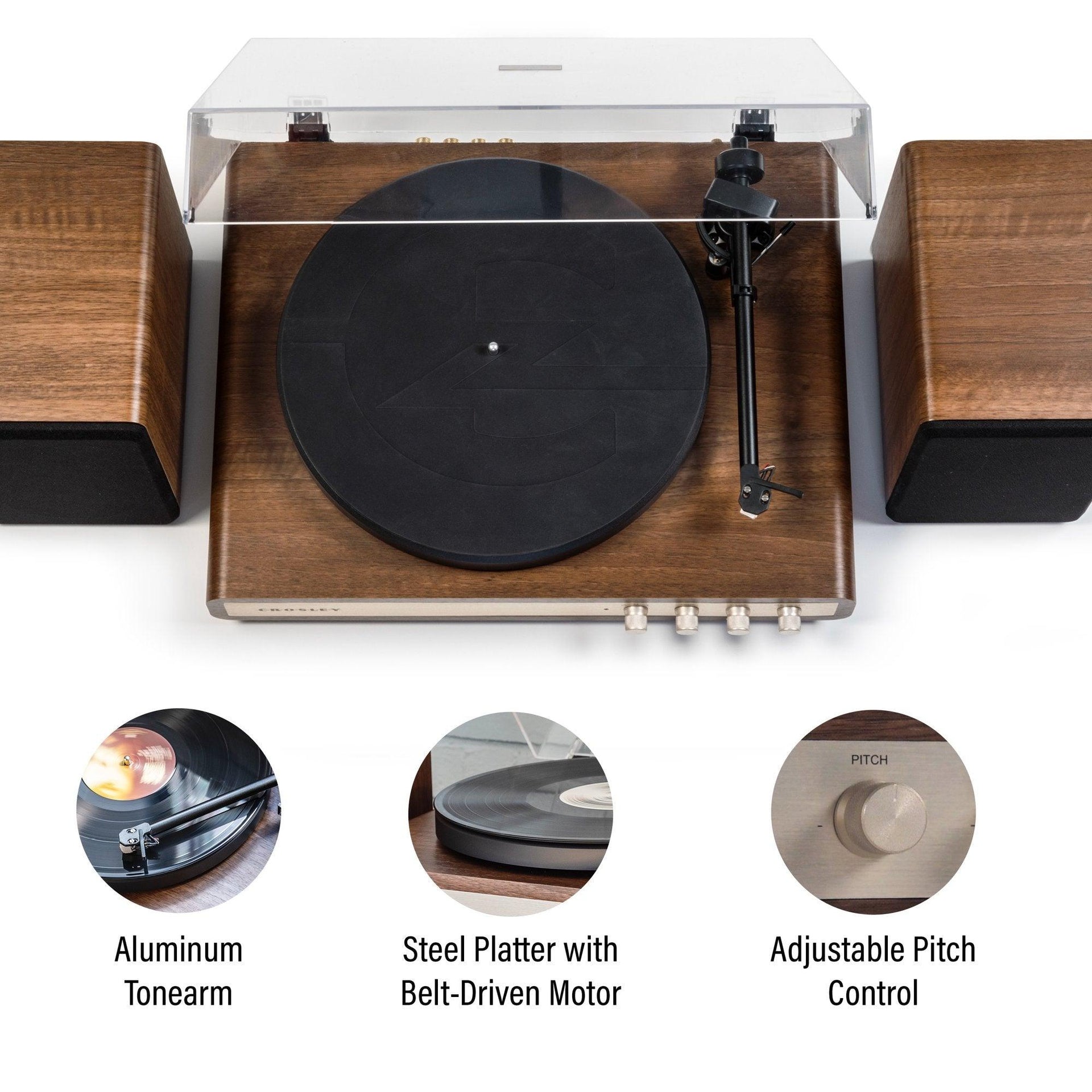 Crosley C65 Record Player with Speakers and Wireless Bluetooth - Audio Turntables  (Walnut/Gold)