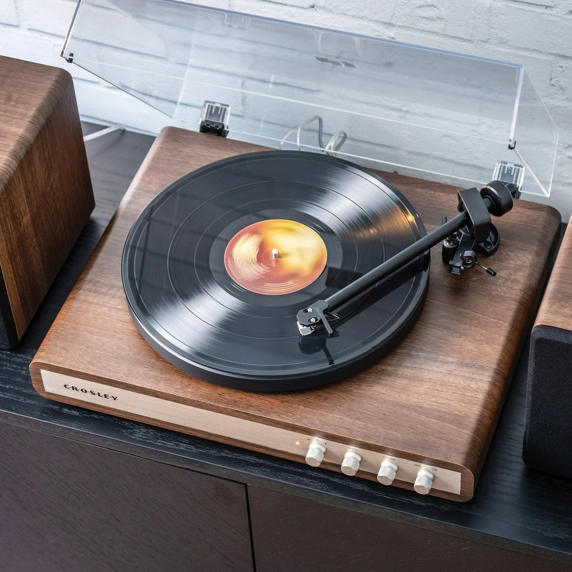 Crosley C65 Record Player with Speakers and Wireless Bluetooth - Audio Turntables  (Walnut/Gold)