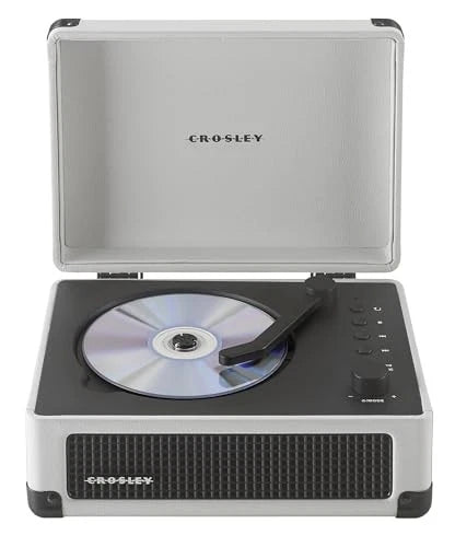 Crosley portable record player with CD player on a white background