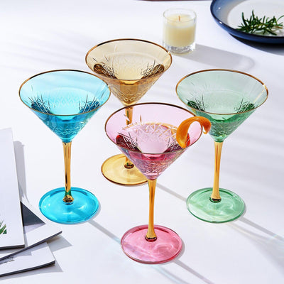 Crystal Martini Glasses Colored - Set of 4 - Stemmed Multi-Color Glass, Great for all Drink Types and Occasions - Luxury, Durable, Hand-Blown Vintage Art Deco Coupe for Champagne, Martini, Cocktails