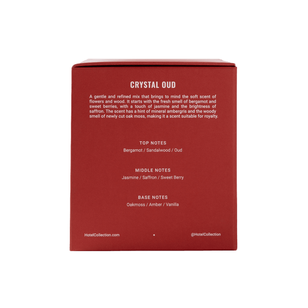 Red packaging with text detailing the fragrance 'Crystal Oud' on a white background