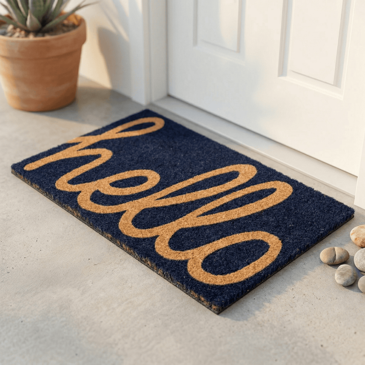 Cursive Hello Doormat Handwoven, Durable - Dark Blue