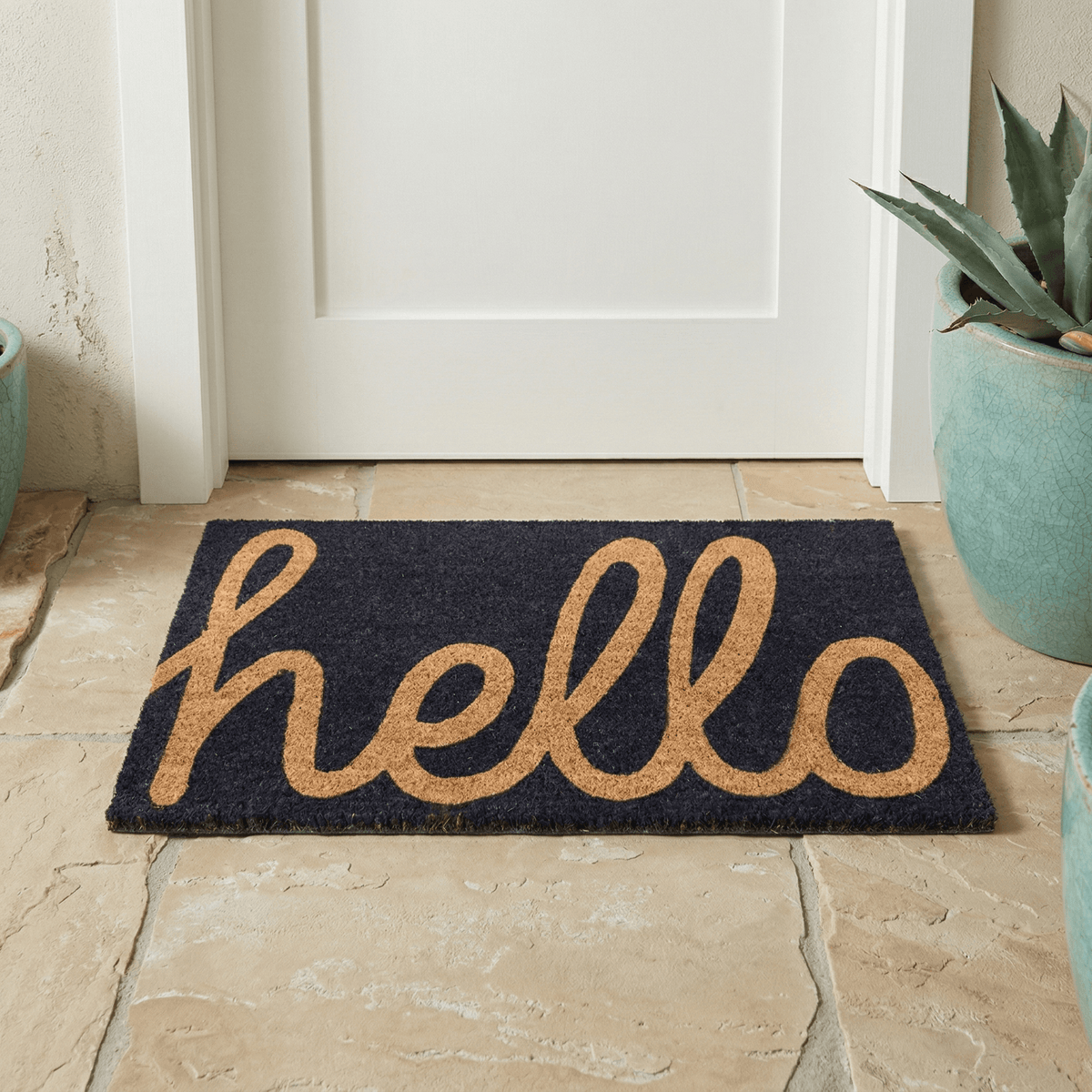 Cursive Hello Doormat Handwoven, Durable - Dark Blue