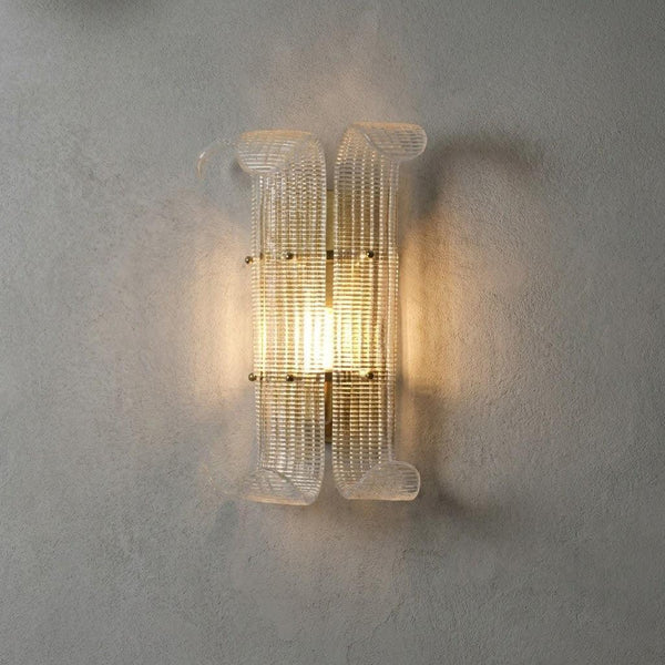 Curved Glass Drum Wall Lamp – Vintage Gold Black Grid Glass Sconce E12/E14