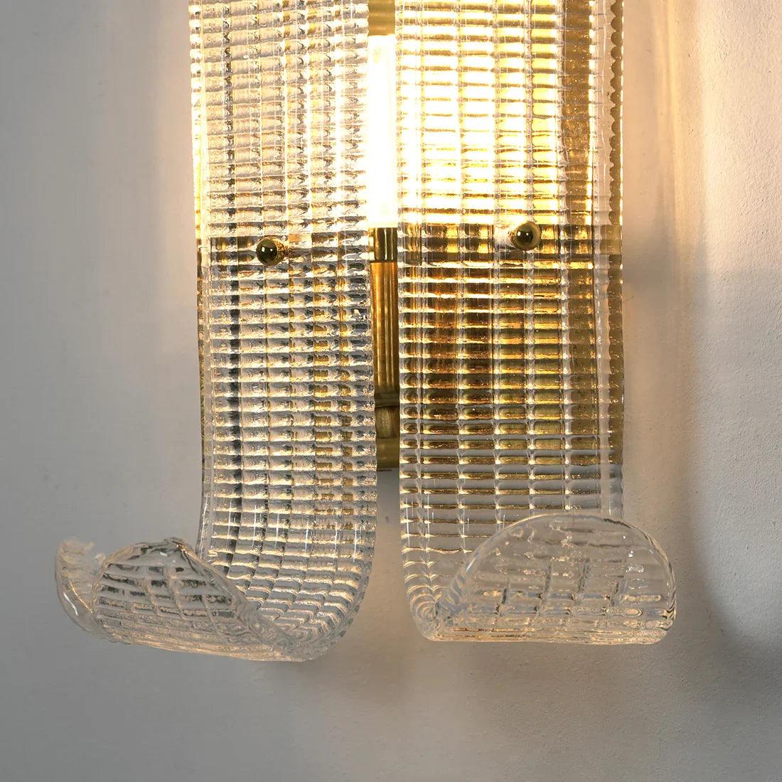 Curved Glass Drum Wall Lamp – Vintage Gold Black Grid Glass Sconce E12/E14