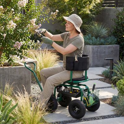 Cushioned Rolling Garden Cart Scooter with Storage Basket and Tool Pouch-Green
