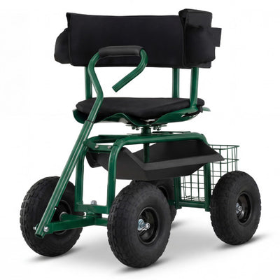 Cushioned Rolling Garden Cart Scooter with Storage Basket and Tool Pouch-Green