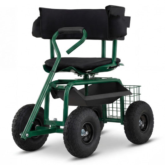 Cushioned Rolling Garden Cart Scooter with Storage Basket and Tool Pouch-Green