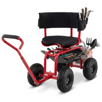 Cushioned Rolling Garden Cart Scooter with Storage Basket and Tool Pouch-Black & Red