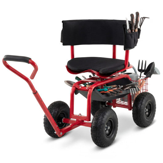 Cushioned Rolling Garden Cart Scooter with Storage Basket and Tool Pouch-Black & Red