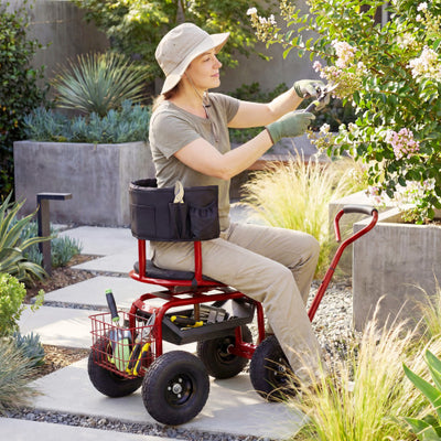 Cushioned Rolling Garden Cart Scooter with Storage Basket and Tool Pouch-Black & Red