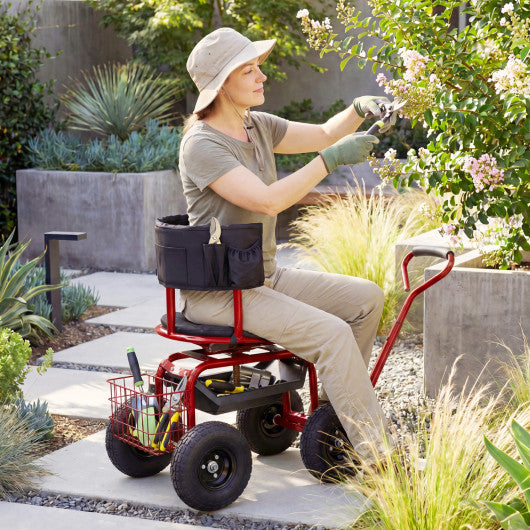 Cushioned Rolling Garden Cart Scooter with Storage Basket and Tool Pouch-Black & Red
