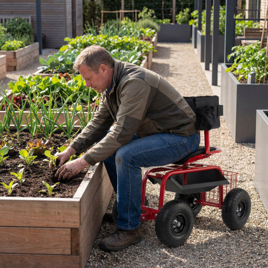 Cushioned Rolling Garden Cart Scooter with Storage Basket and Tool Pouch-Black & Red