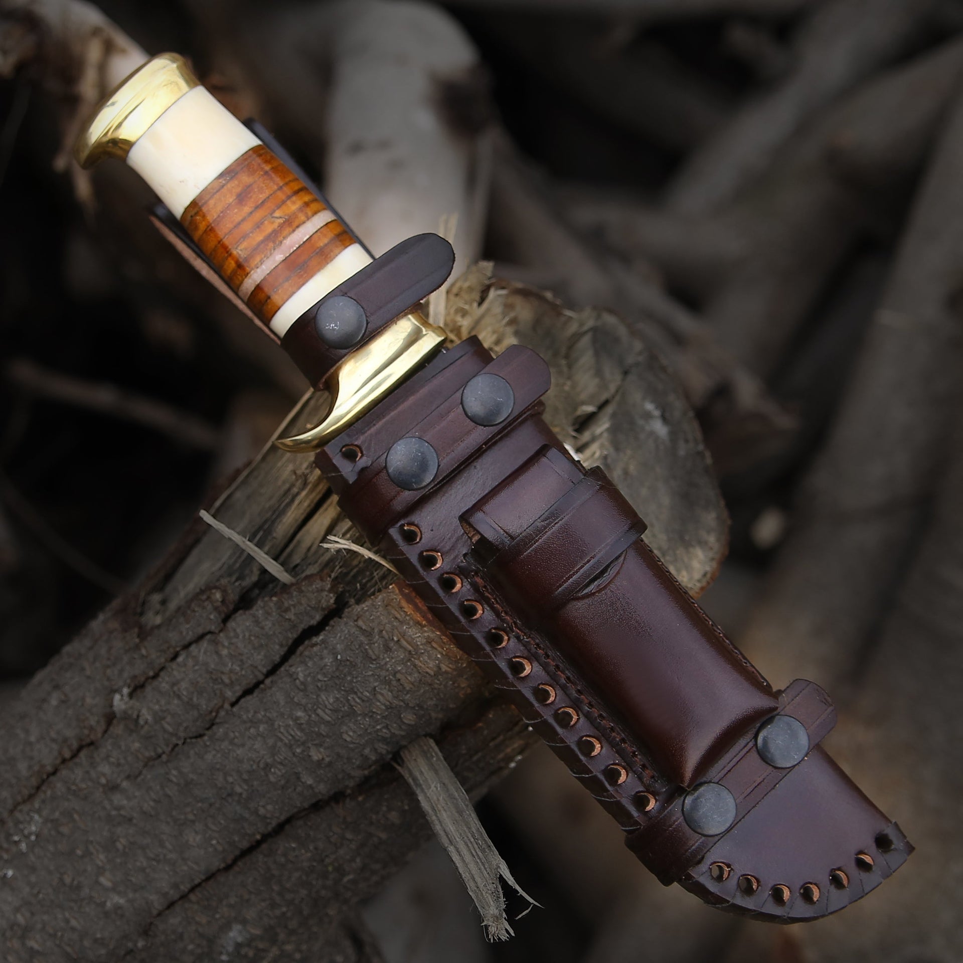 Vindicator Custom Bowie Knife with Bone & Stacked Leather Handle