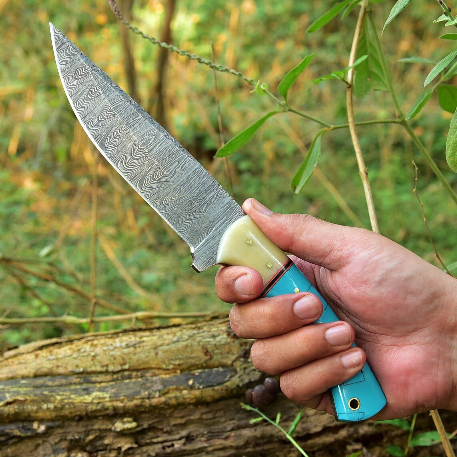 Custom Handmade Damascus Steel Hunting Knife – 10-Inch Blade with Resin Handle, Includes Leather Sheath