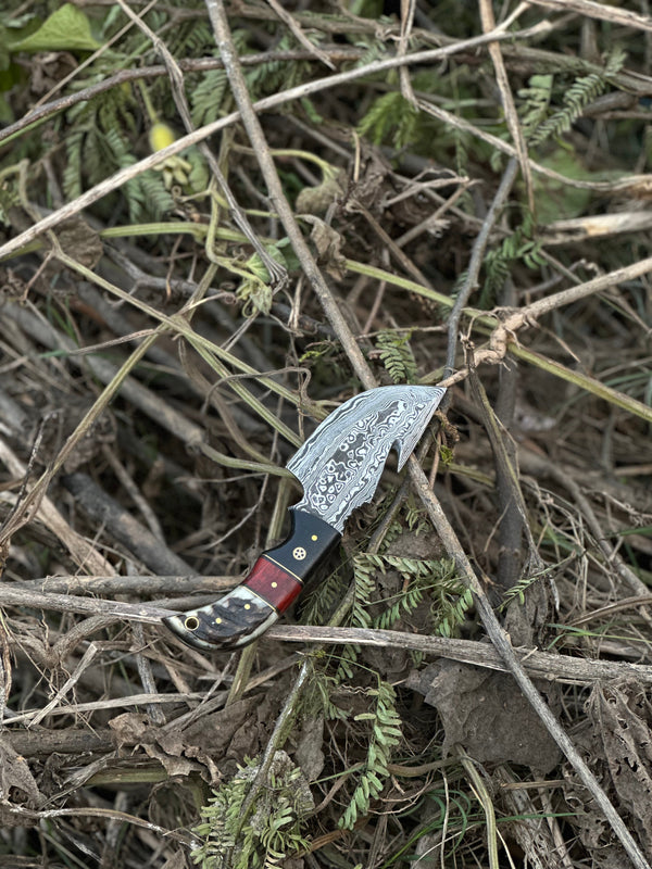 Premium Custom Handmade Damascus Steel Guthook Skinning Knife with Resin Handle - 7.5” Sharp Blade with Leather Sheath