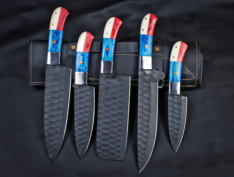 Custom Hand Forged Carbon Steel Chef's Knife Set - 5 PCS BBQ & Kitchen Knives | Ideal Anniversary Gift for Him