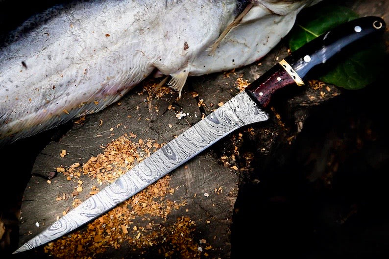 Handmade Damascus Fillet Knife – 13” Buffalo Horn, Rosewood & Brass Handle with Leather Sheath