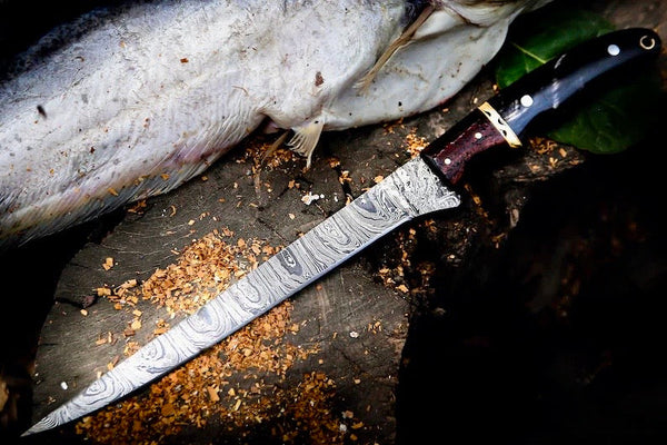 Handmade Damascus Fillet Knife – 13” Buffalo Horn, Rosewood & Brass Handle with Leather Sheath