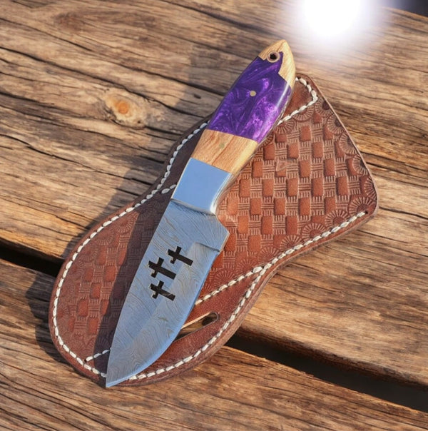 Custom Handmade Damascus Skinner Knife with Olive Wood Handle – Premium Hunting & Outdoor Knife