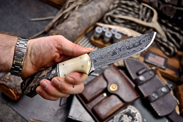 Handmade Damascus Skinning Knife with Camel Bone & Sheep Horn Handle