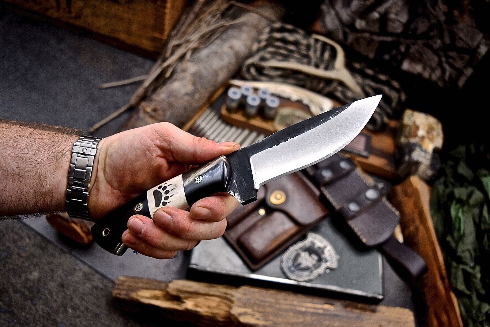 Custom Handmade Skinning Blade with J2 Steel and Buffalo Horn & Camel Bone Handle - 4.5