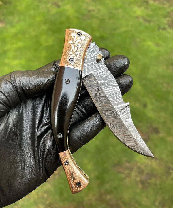 Custom Handmade Damascus Blade EDC Folding Pocket Knife with Color Bone Handle & Brass Engraved Bolster - Includes Leather Sheath