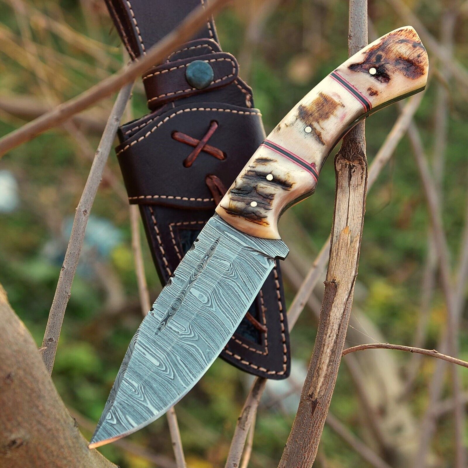 Custom Handmade Damascus Skinning Knife with Sheep Horn Handle – 4.5