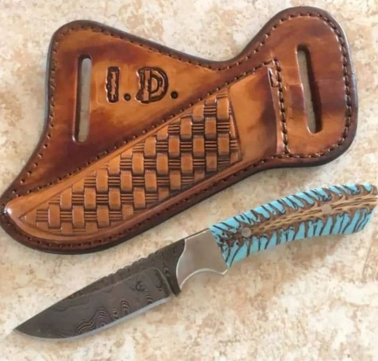 Custom Handmade Damascus Steel Belt Knife with Resin Handle and Leather Sheath