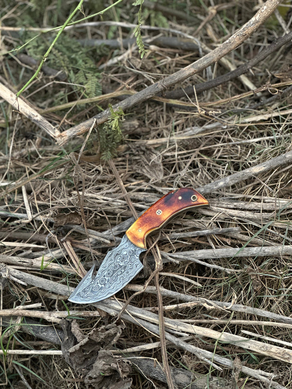 Custom Handmade Damascus Steel Guthook Skinning Knife with Camel Bone Handle - 7.5” Blade with Leather Sheath