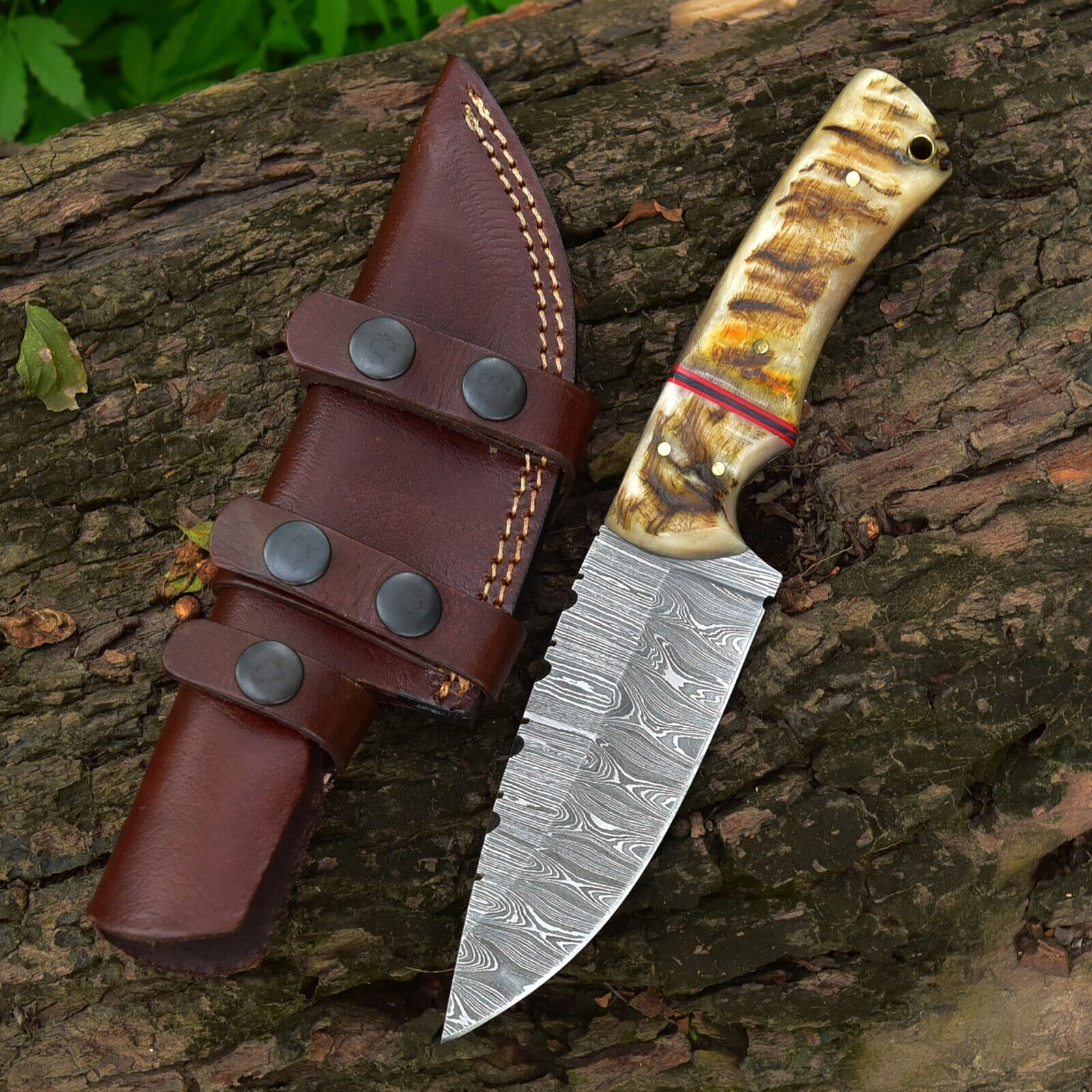 Custom Handmade Damascus Steel Skinner Knife with Sheep Horn Handle – 4.5