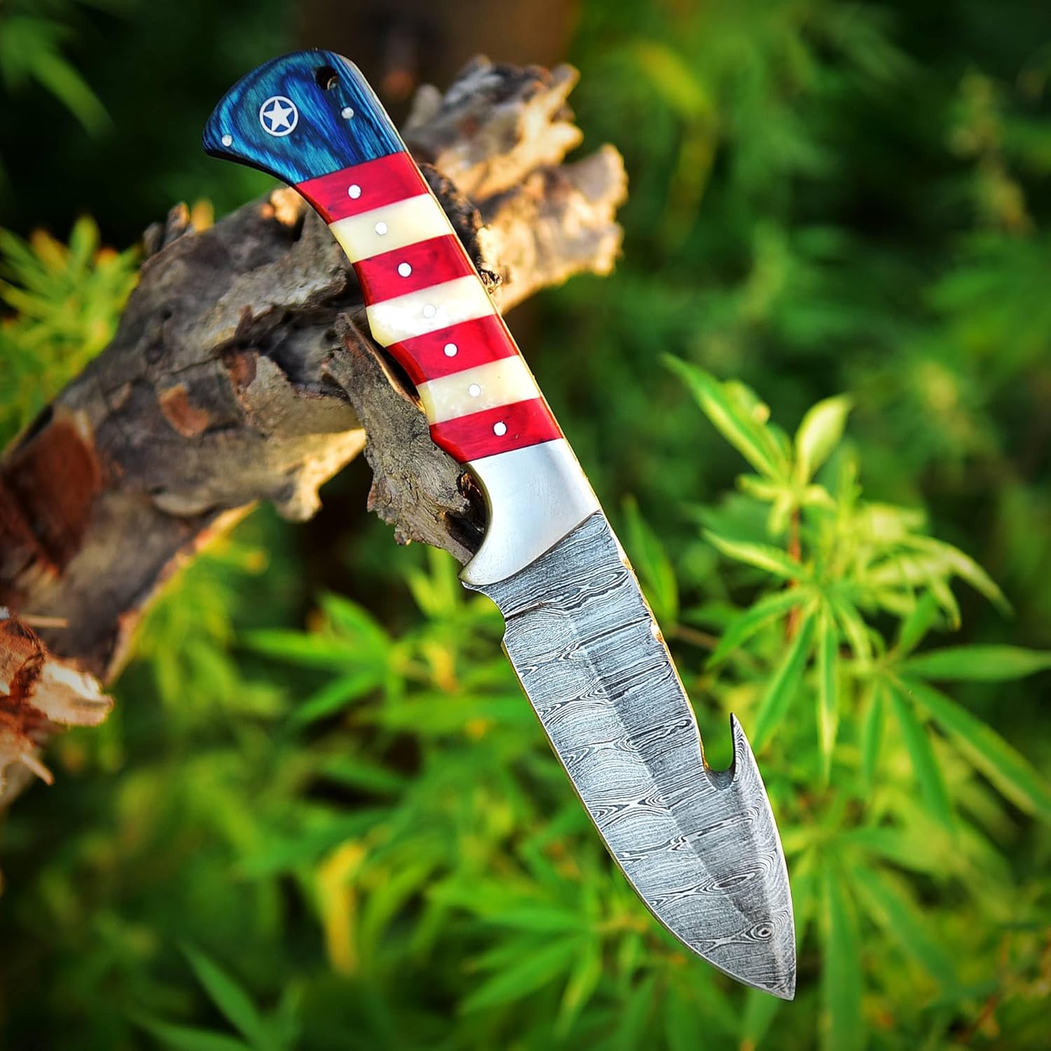 Custom Handmade Damascus Skinning Knife with American Flag Handle