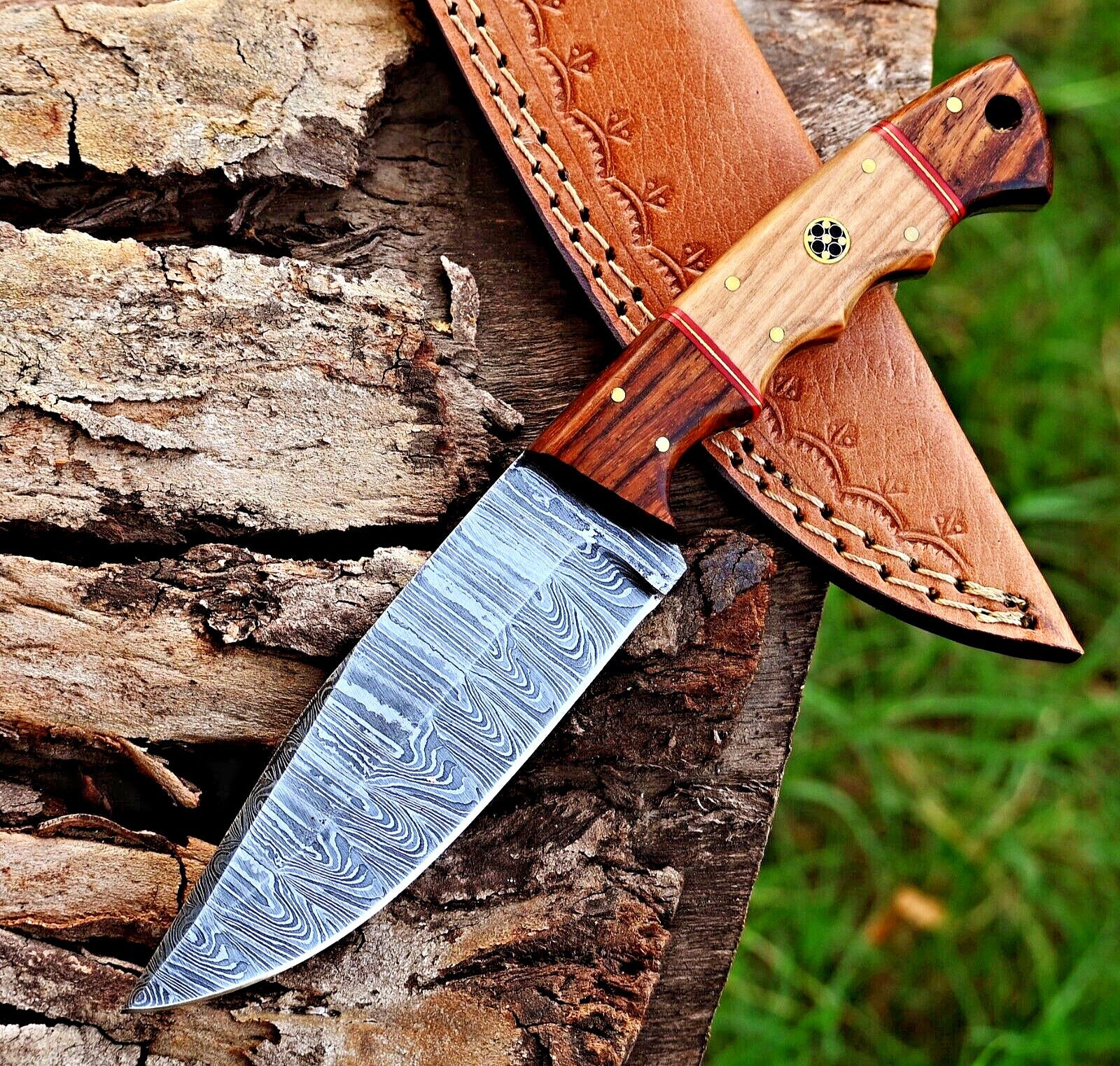 Custom Handmade Damascus Skinning Knife – Olive and Rosewood Handle, 4.5