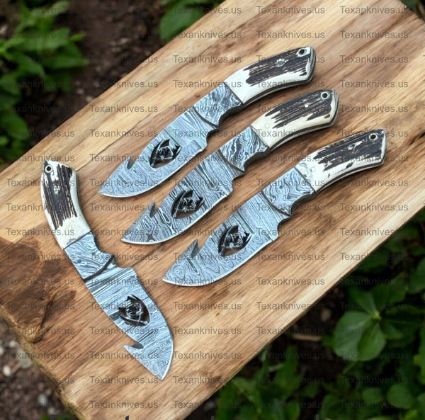 Custom Handmade Guthook Hunter Knife – Damascus Steel Stag Horn