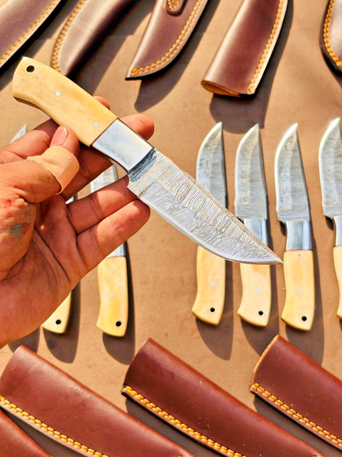 Custom Handmade Skinner Knife – Damascus Steel, Camel Bone Handle